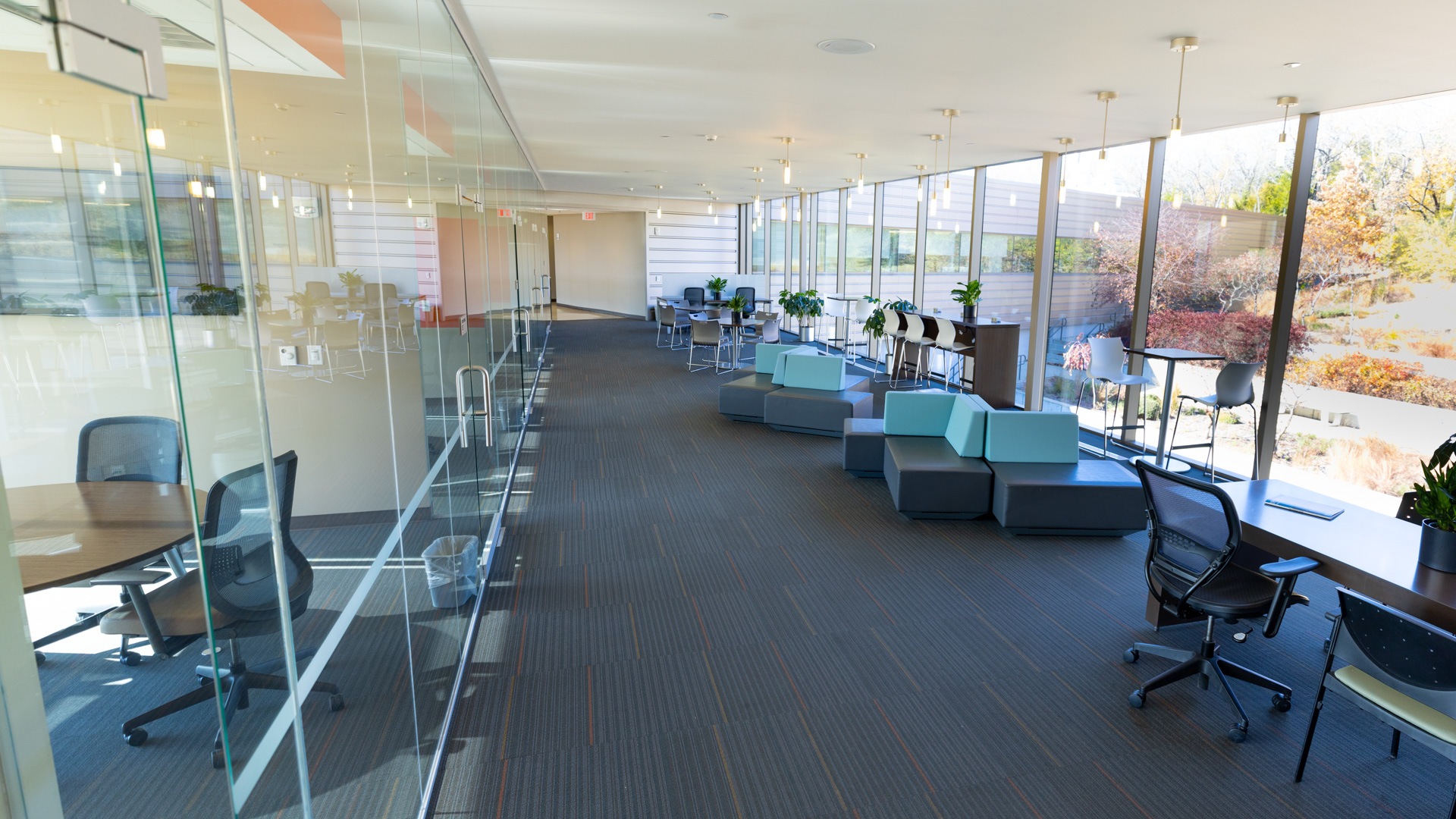 An empty lounge near meeting rooms at the KU Innovation Park in Lawrence.