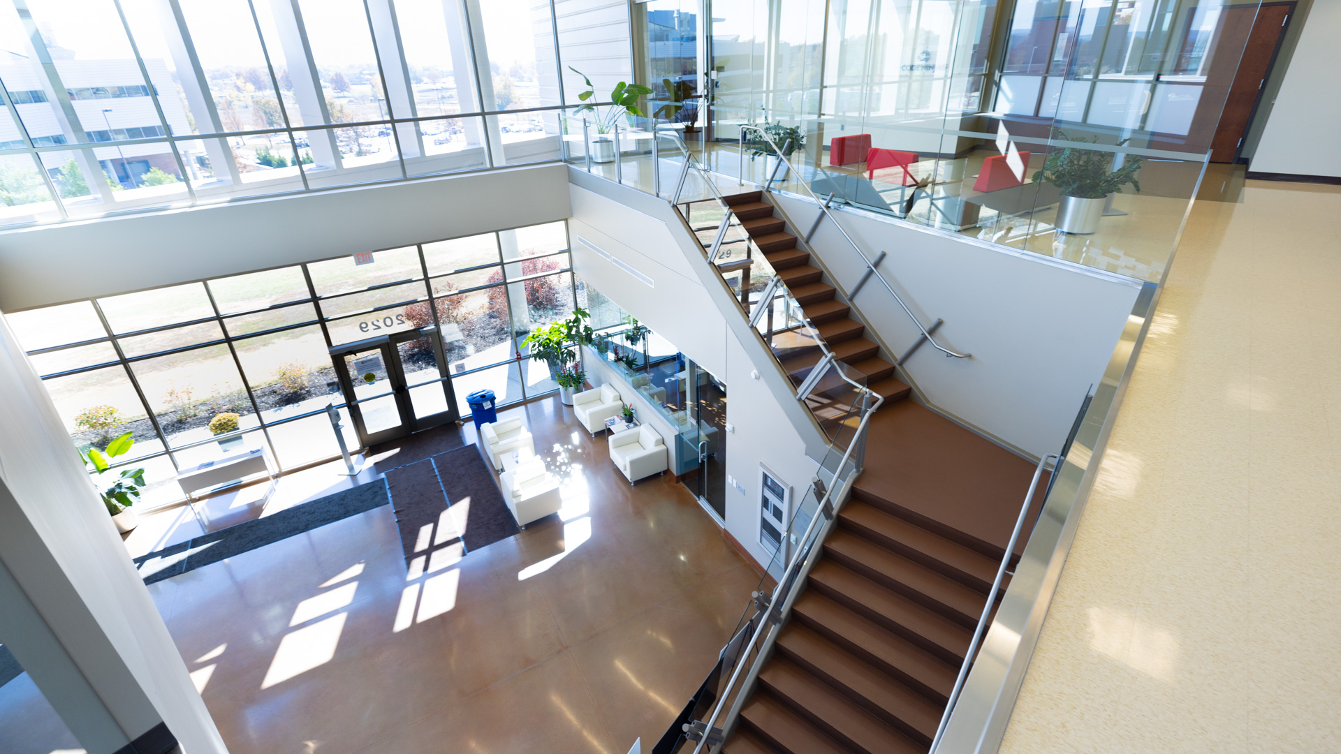 A long shot of the inside of the KU Innovation Center's Business Park in Lawrence from the second floor.