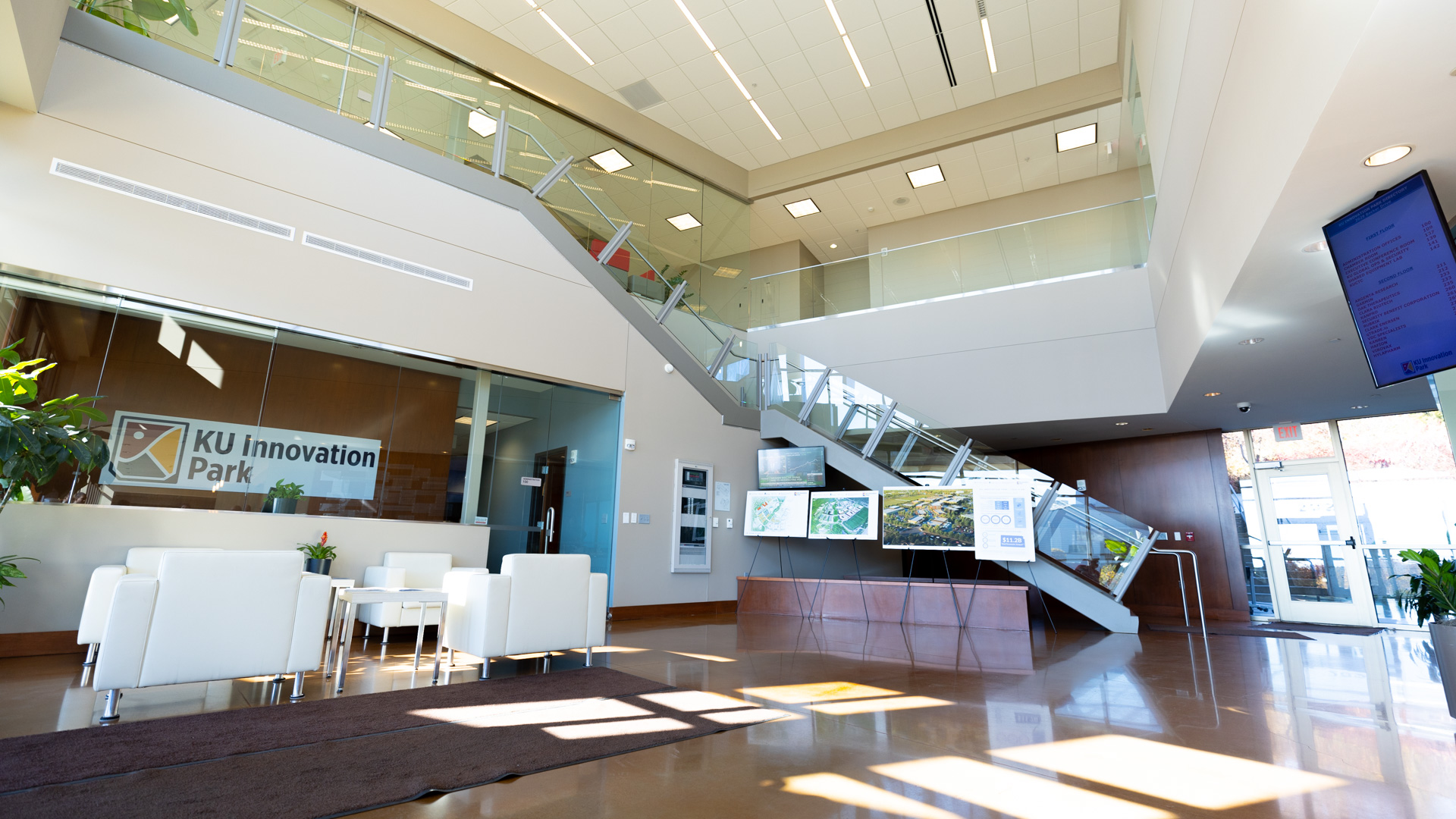 A wide shot of the inside of KU's Business Park in Lawrence building.