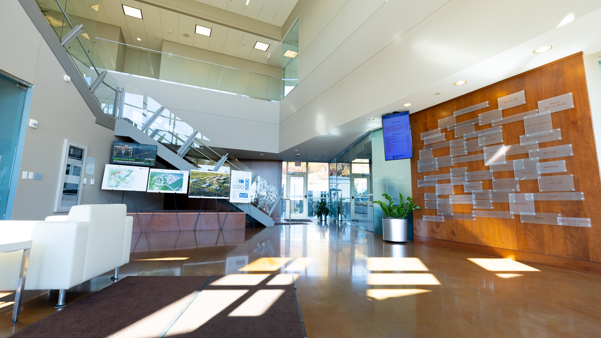 A long shot of the KU Innovation Center lounge at the Business Park in Lawrence.