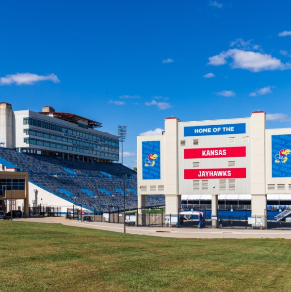 The outside of the KU Memorial Stadium near the startup incubator in Lawrence.