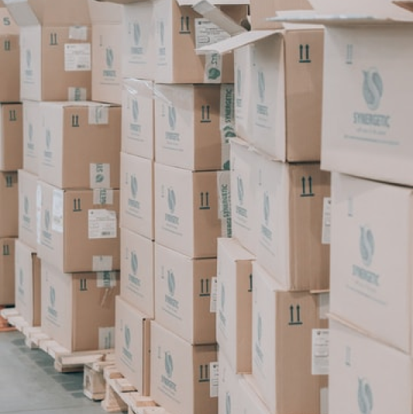 Boxes stacked in an equipment room