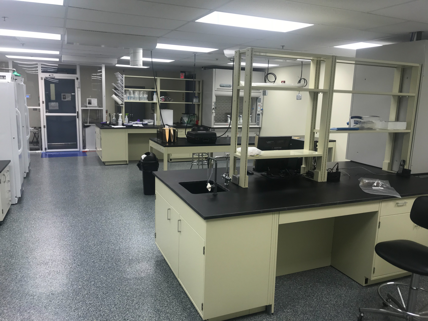 An empty lab room with storage facilities at the KU Innovation Park in Lawrence.